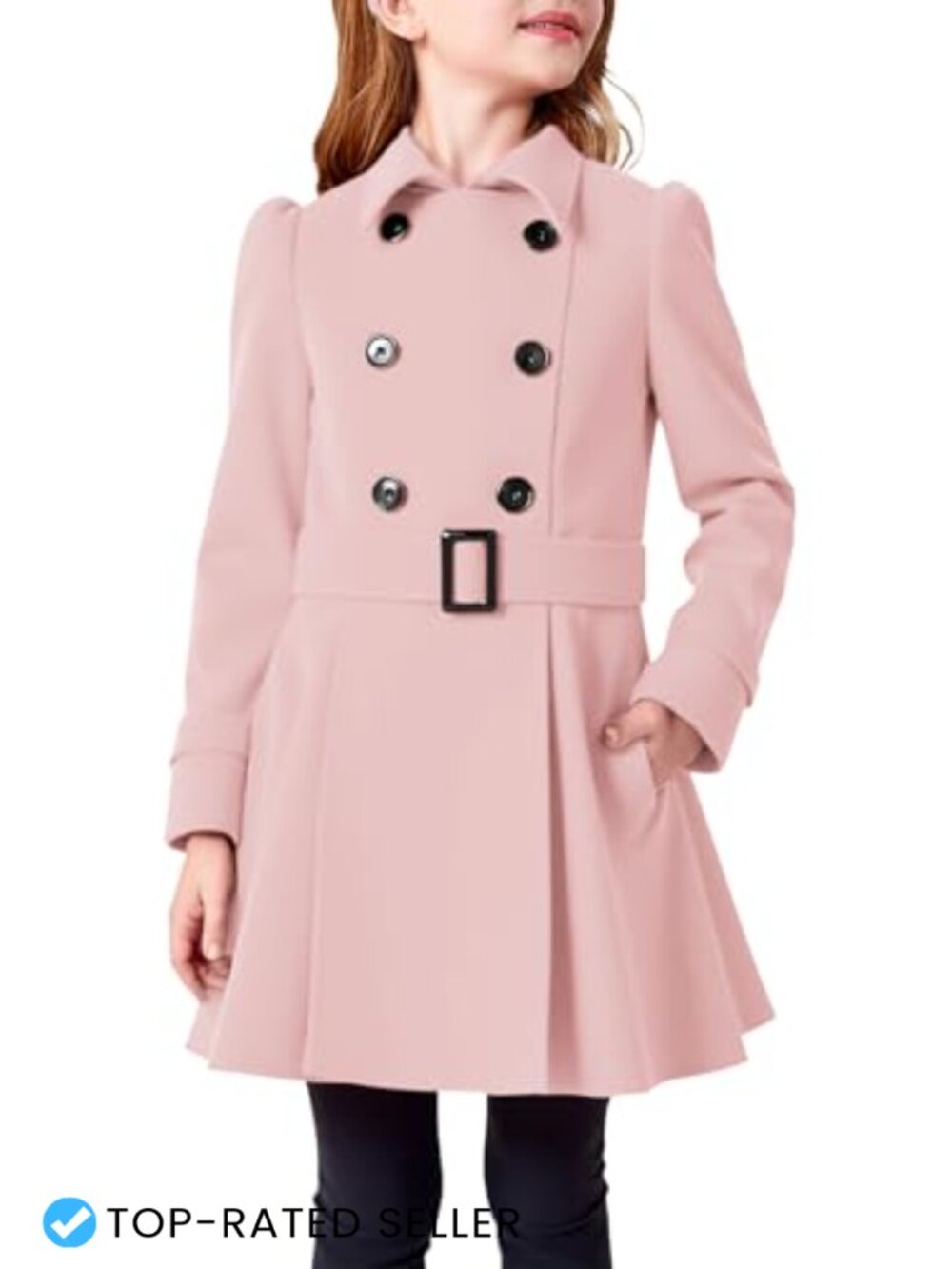 Girls Double Breasted Pea Coat Wool Blend Belted Winter Dress Coat